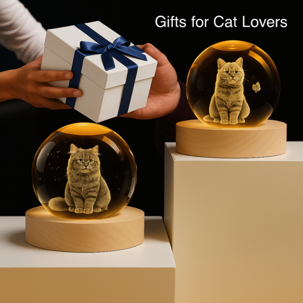 10 Personalized Pet Portrait Crystal Ball Light - Custom 3D Engraved Memorial Gift for Dog Cat Loss, Anniversary Keepsake with Wood Base