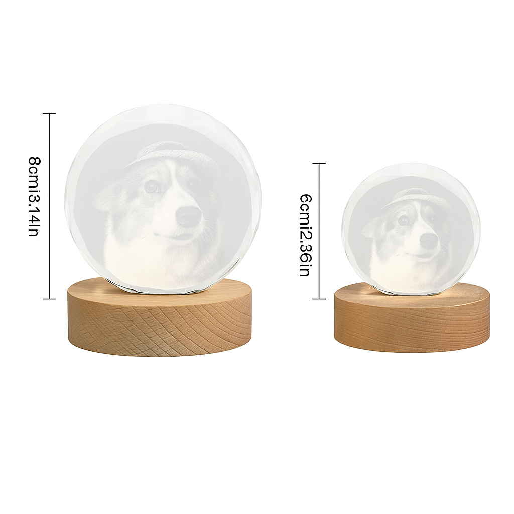 2 Personalized Pet Portrait Crystal Ball Light - Custom 3D Engraved Memorial Gift for Dog Cat Loss, Anniversary Keepsake with Wood Base