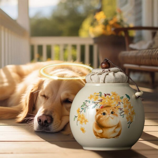 20.9USD Cat Pattern Flower Design, Handmade Ceramic Pet Urn, Small Dog, Cat, Rabbit Ash Container, Memorial Cremation Jar for Pets, Funeral Hair Memorial Box, Pet Owner