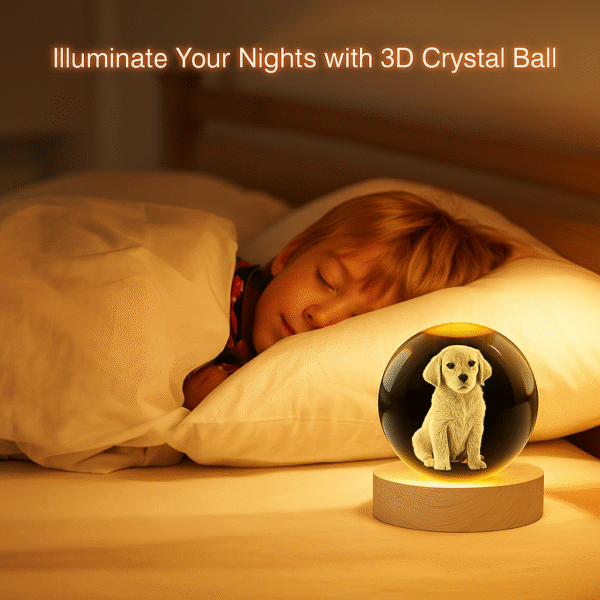 5 Personalized Pet Portrait Crystal Ball Light - Custom 3D Engraved Memorial Gift for Dog Cat Loss, Anniversary Keepsake with Wood Base