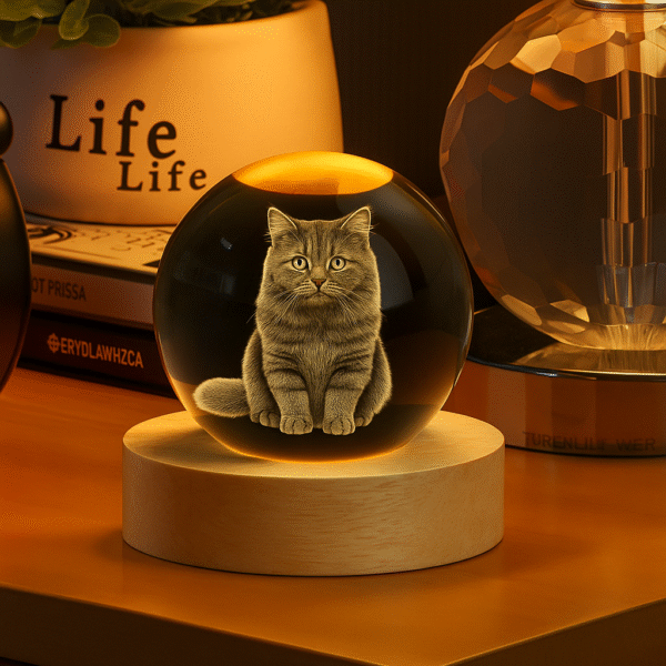 6 Personalized Pet Portrait Crystal Ball Light - Custom 3D Engraved Memorial Gift for Dog Cat Loss, Anniversary Keepsake with Wood Base
