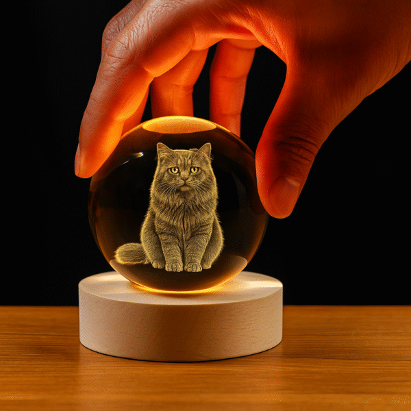 7 Personalized Pet Portrait Crystal Ball Light - Custom 3D Engraved Memorial Gift for Dog Cat Loss, Anniversary Keepsake with Wood Base